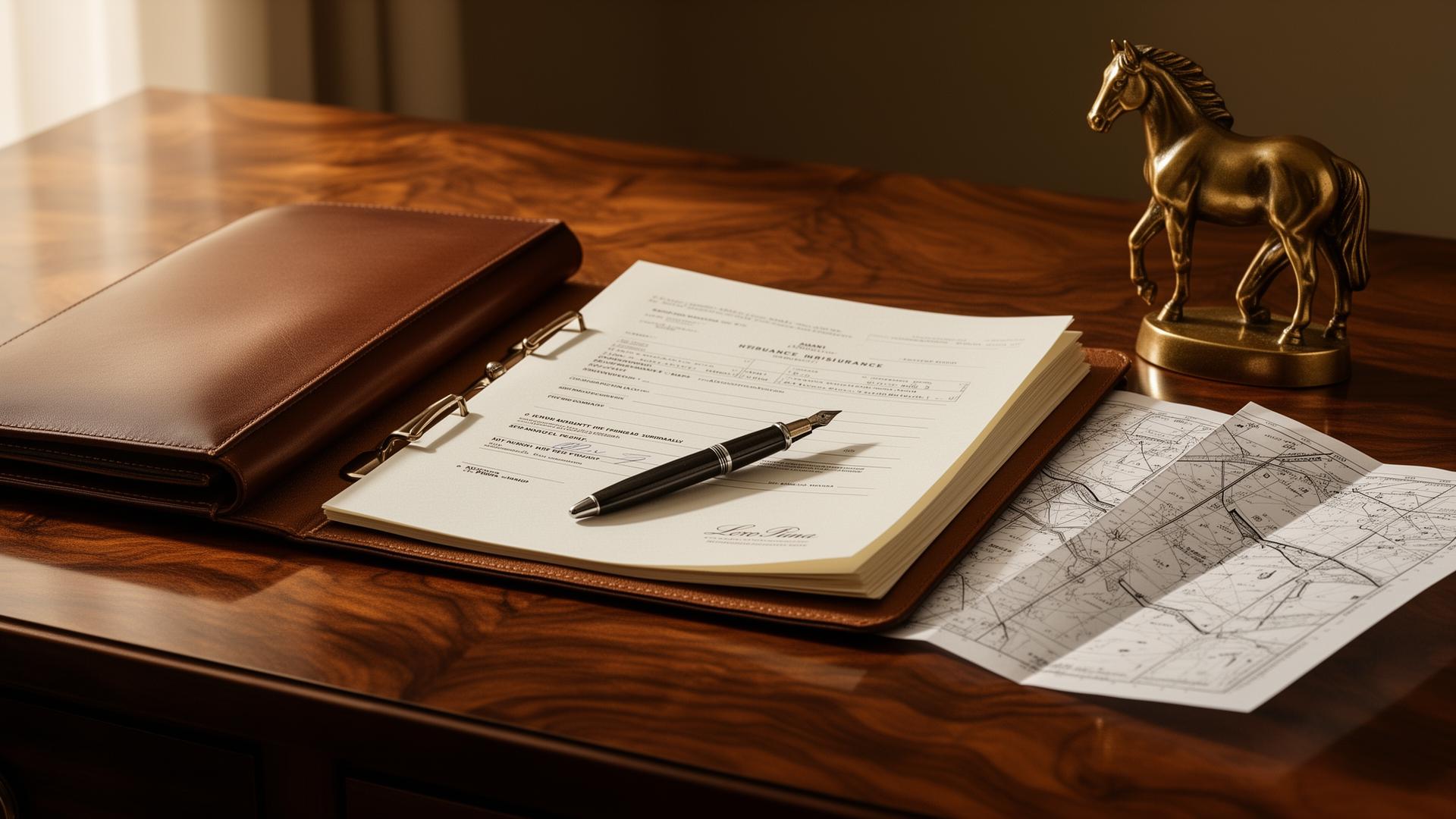 An equine insurance dossier with fountain pen on a walnut desk.