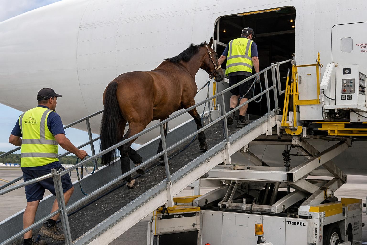 A racehorse calmly walking up the loading ramp into a cargo aircraft.